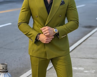 Men’s Olive Green Double Breasted Suit – Modern Slim Fit Formal Wedding & Party Wear