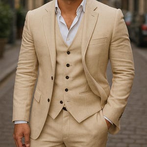 Beige Linen 3-Piece Suit: Tailored Slim Fit Wedding Suit