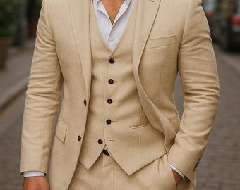 Beige Linen 3-Piece Suit: Tailored Slim Fit Wedding Suit