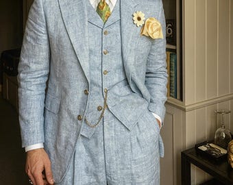 Light Blue Linen 3-Piece Suit | Vintage Handmade Menswear