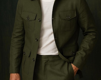 Olive Green Linen Safari Suit for Men: Tailored 2-Piece Set