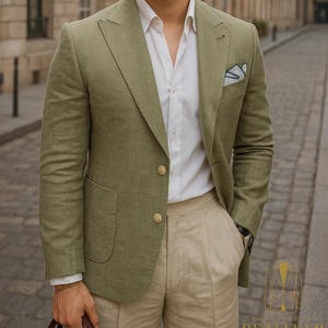 Mens Sage Green Linen Blazer | Lightweight Summer Jacket | Casual Tailored Sport Coat | Slim Fit Single Breasted | REALEVER Premium Menswear