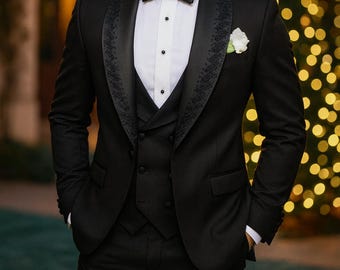 Black Tuxedo Suit: Handmade Satin Lapel, 3-Piece Slim Fit