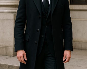 Men’s Classic Black Wool Overcoat – Elegant Formal Winter Long Coat with Peak Lapel