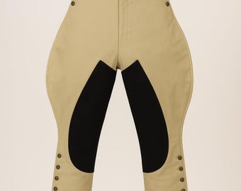 Classic Beige Jodhpur Breeches with Black Suede Patches – Vintage Riding Pants by REALEVER