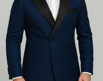 メンズ ネイビーブルー タキシード - サテンラペル スリムフィット