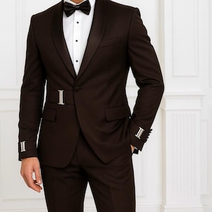 Dark Chocolate Brown Tuxedo Suit: Luxury Formal Blazer, Belt Detail