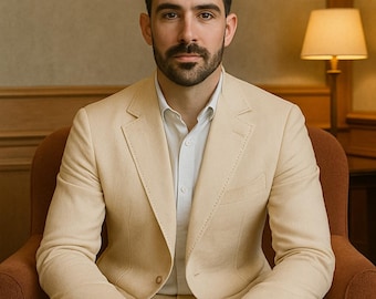Handmade Beige Linen Suit: Tailored Blazer & Pants Wedding Outfit
