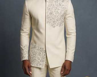 Men's Ivory Bandhgala Suit with Subtle Floral Embroidery – Elegant Wedding & Reception Outfit by REALEVER