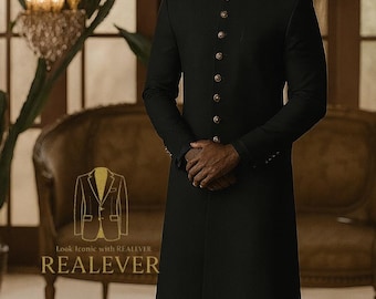 Black Sherwani with Gold Embroidered Collar: Classic Wedding Formal Wear