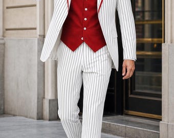 Men's White Pinstripe Suit with Red Vest and Fedora, Vintage Statement Outfit