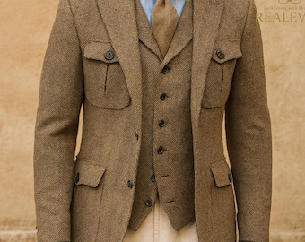 Vintage Brown Tweed 3-Piece Suit – Classic Herringbone Wool Blazer, Waistcoat & Trousers | REALEVER