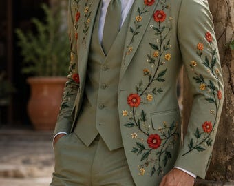 Sage Green Floral Embroidered 3 Piece Men's Suit, Botanical Groom Tuxedo, Garden Party Wear