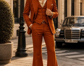 Men's Burnt Orange 70s Vintage 3-Piece Suit – Retro Flared Pants Wedding Outfit