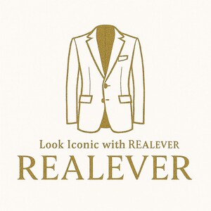 Puede incluir: Un contorno dorado de una blazer sobre un fondo blanco. La blazer tiene dos bolsillos delanteros, un bolsillo en el pecho y dos botones. Debajo, el texto "Look Iconic with REALEVER" y la palabra "REALEVER".