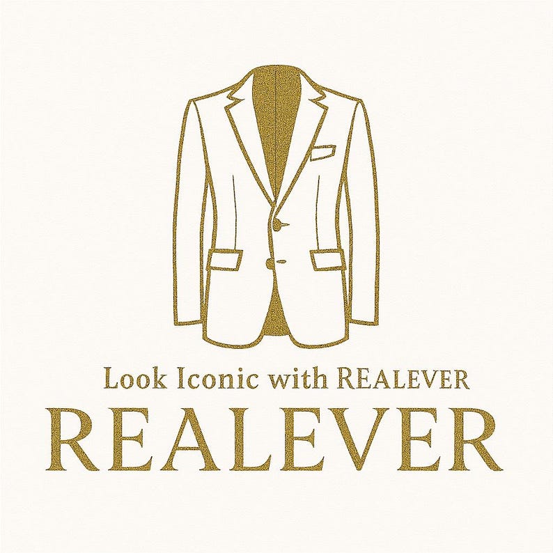 Puede incluir: Un contorno dorado de una blazer sobre un fondo blanco. La blazer tiene dos bolsillos delanteros, un bolsillo en el pecho y dos botones. Debajo, el texto "Look Iconic with REALEVER" y la palabra "REALEVER".