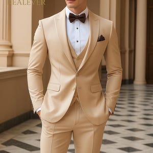 May include: A beige three-piece suit with a white dress shirt and a brown bow tie. The suit includes a blazer, vest, and trousers. A pocket square is visible in the blazer's breast pocket. The text "REALLEVER" is visible on the image.
