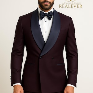 Luxury Burgundy Tuxedo with Black Satin Shawl Lapel – Double-Breasted Designer Suit for Men