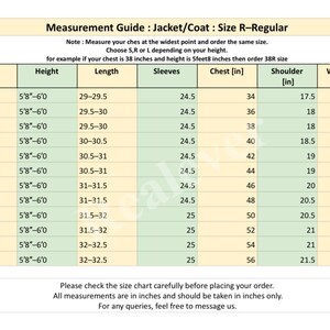 May include: A detailed measurement guide for jackets and coats, size R-Regular, with measurements in inches. The chart includes sizes from 34L to 56L, specifying height, length, sleeve length, chest, shoulder, and waist/belly measurements.