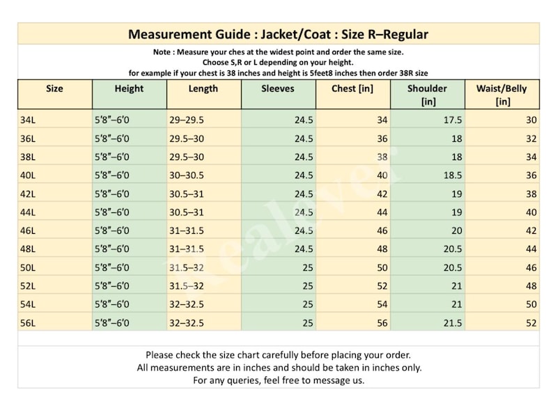 May include: A detailed measurement guide for jackets and coats, size R-Regular, with measurements in inches. The chart includes sizes from 34L to 56L, specifying height, length, sleeve length, chest, shoulder, and waist/belly measurements.