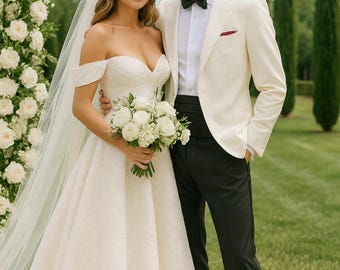 Off-White Tuxedo with Black Trousers & Satin Tuxedo Belt – Classic Wedding Suit for Men