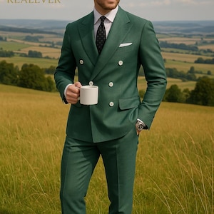 Luxus Grüner Zweireihiger Anzug für Herren - Premium maßgeschneidertes formelles Blazer Set | REALEVER Kultige Hochzeits- & Businesskleidung