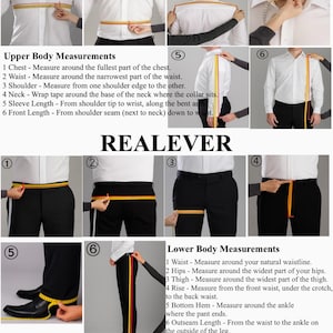 May include: Measurement guide with instructions for taking upper and lower body measurements. The guide includes diagrams and text explaining how to measure chest, waist, shoulder, neck, sleeve length, and front length in inches.