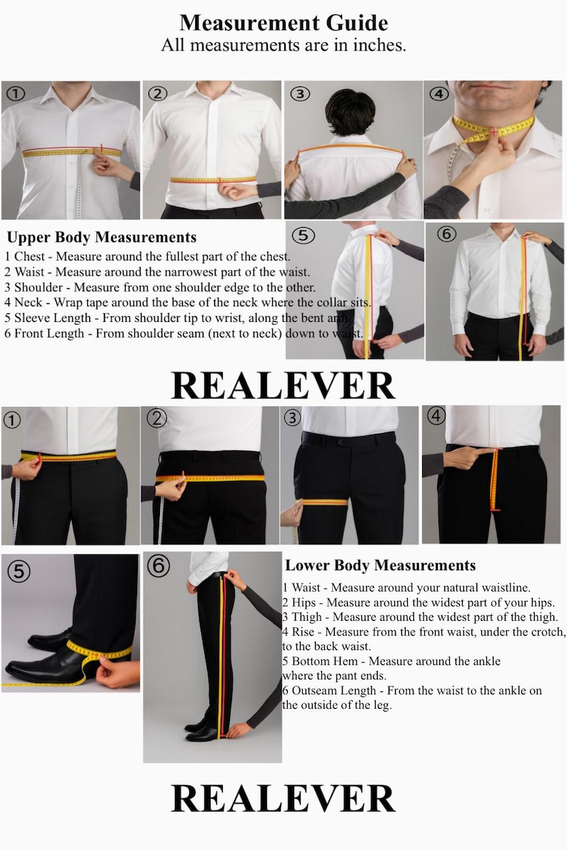 May include: Measurement guide with instructions for taking upper and lower body measurements. The guide includes diagrams and text explaining how to measure chest, waist, shoulder, neck, sleeve length, and front length in inches.