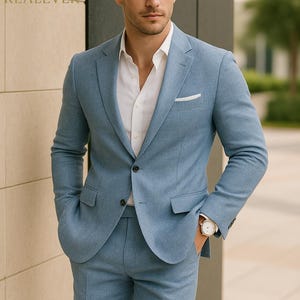 Traje de lino azul de lujo para hombre, conjunto de blazer y pantalón de verano a medida