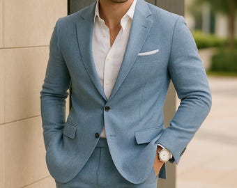 Luxury Blue Linen Suit for Men  Tailored Fit Summer Blazer & Trousers Set