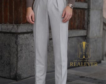Pantalones Gurkha gris claro: pantalones plisados de cintura alta estilo vintage
