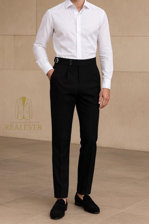 Men's Black Gurkha Pants | High Waist Pleated Trousers With Side
