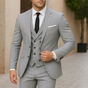 Light Grey 3-Piece Suit for Men – Slim Fit Wedding & Formal Tuxedo Set | Luxury Tailoring