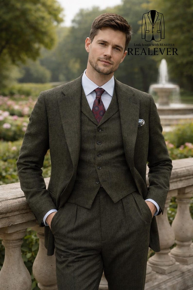 May include: A three-piece olive green suit with a white dress shirt and patterned burgundy tie. The suit includes a blazer, vest, and pleated trousers. The image includes the text "Look iconic with REALEVER".