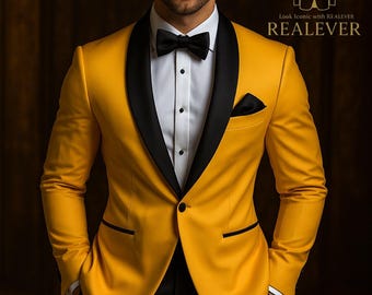 Luxury Yellow Tuxedo with Black Satin Lapel – Modern Slim Fit Evening Suit