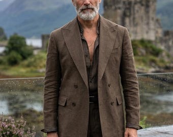 Brown Double-Breasted Linen Suit, Vintage Italian Style, Old Money Wedding Groom Wear