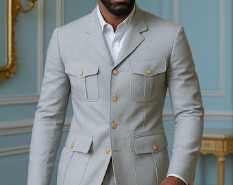 Luxury Safari Suit: Light Grey Jacket & Pants Set with Gold Buttons
