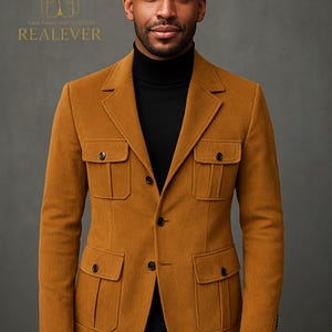 May include: Mustard-colored blazer with four front pockets and black buttons. The blazer is worn over a black turtleneck. The image includes the text "REALEEVER" and a logo.