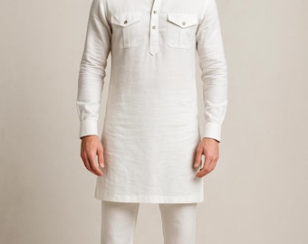 White Linen Kurta Pajama Set – Classic Mandarian Collar with Pocket Flap Design