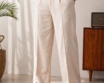Men’s Beige Linen Pants – Pleated Summer Trousers, Relaxed Fit, Lightweight Casual Pants