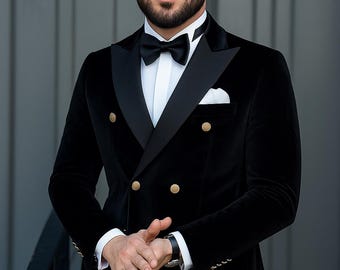 Men's Luxury Black Velvet Double-Breasted Blazer with Gold Buttons & Satin Lapel