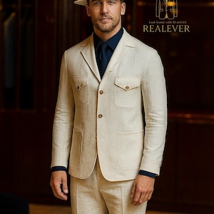 Cream Linen Safari Suit for Men | Elegant Summer Outfit | Realever Tailored Fit