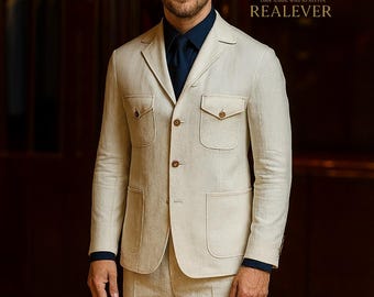 Cream Linen Safari Suit for Men | Elegant Summer Outfit | Realever Tailored Fit