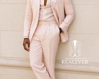 Blush Pink Linen Suit Men | REALEVER Double-Breasted Italian Style