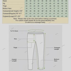 May include: Diagram of trousers with labeled measurements: waist, hip, thigh, bottom hem, outseam, and inseam length. A size chart is included, detailing pant sizes and corresponding measurements in inches.