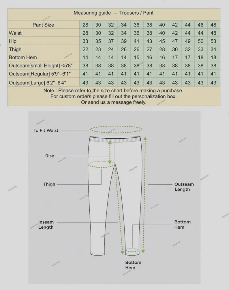 May include: Diagram of trousers with labeled measurements: waist, hip, thigh, bottom hem, outseam, and inseam length. A size chart is included, detailing pant sizes and corresponding measurements in inches.