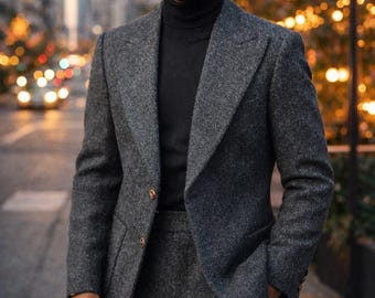 Charcoal Tweed Blazer with Matching Pants – Tailored Fit