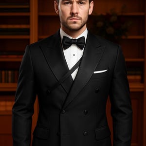 May include: A black double-breasted tuxedo with a white dress shirt, black bow tie, and a white pocket square. The suit has a notched lapel and a cross-body strap. The image includes the text "Look Iconic with REALEVER".