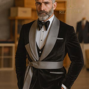 Esmoquin de terciopelo negro hecho a mano con cinturón de satén - REALEVER Signature