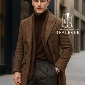 May include: A man wearing a brown herringbone overcoat, a brown turtleneck sweater, and gray trousers. A brown scarf is draped around the neck. The coat has a double-breasted design. The text "Look Iconic with REALEVER" is visible.